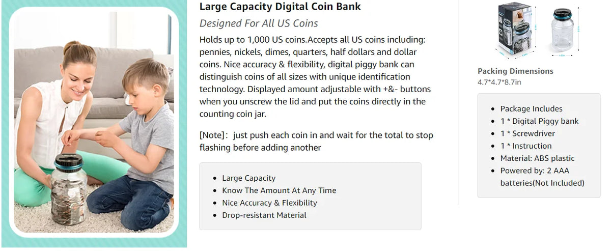 A family is shown using a large capacity digital coin bank to store coins.