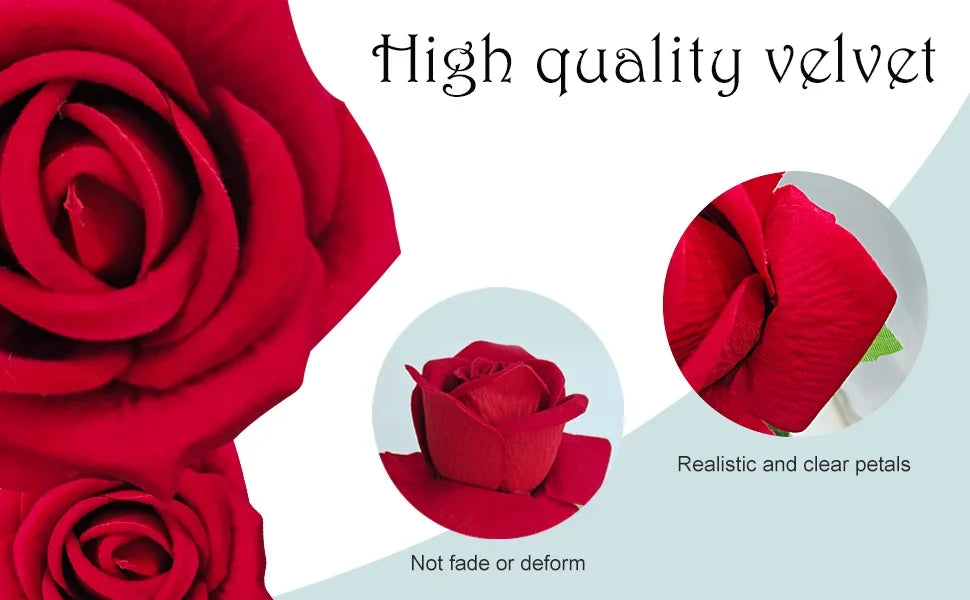 Close-up of high quality red velvet roses showing realistic and clear petals that do not fade or deform.