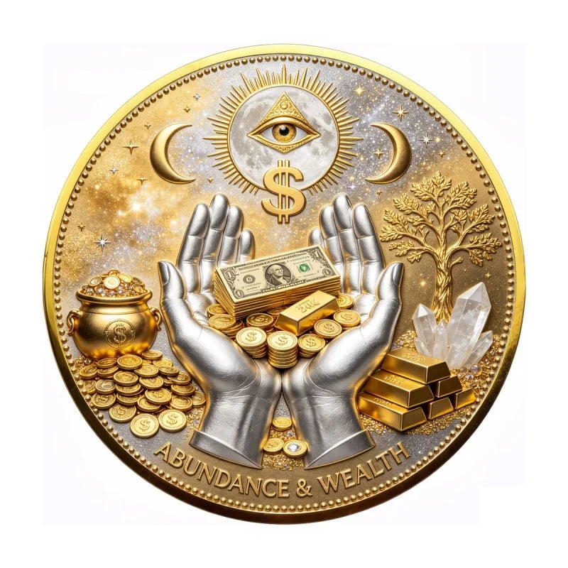 A commemorative coin featuring a golden sun, crescent moons, and hands holding gold coins and a tree, labeled Abundance & Wea