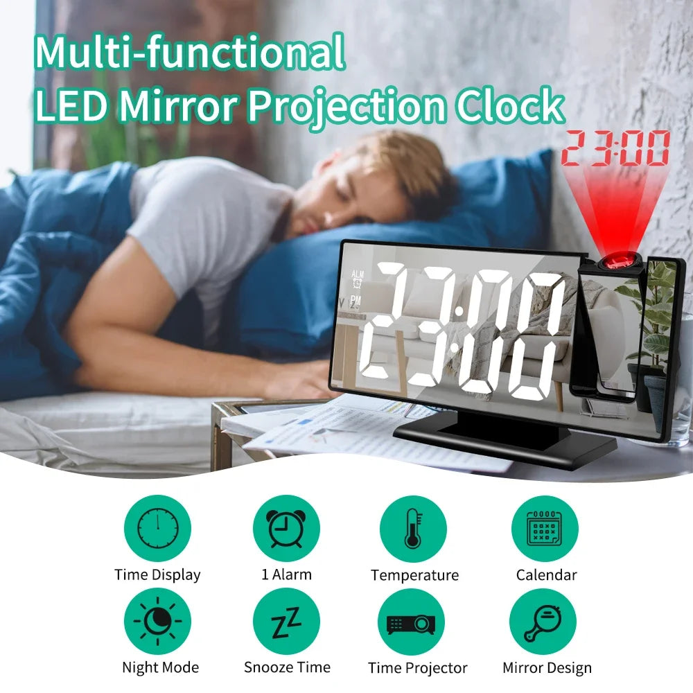 A multi-functional LED mirror projection clock displaying 23:00, shown next to a person sleeping.