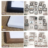 A collection of wooden picture frames in black, white, and teak colors displayed on a wall.