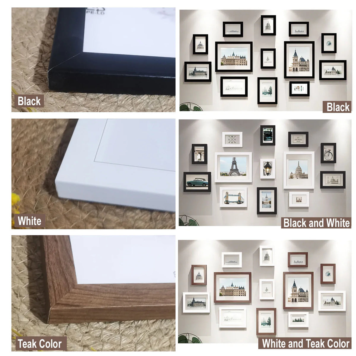 A collection of wooden picture frames in black, white, and teak colors displayed on a wall.