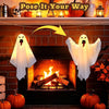 Warm glow hanging ghost Halloween decorations with three light modes displayed above a brick fireplace.