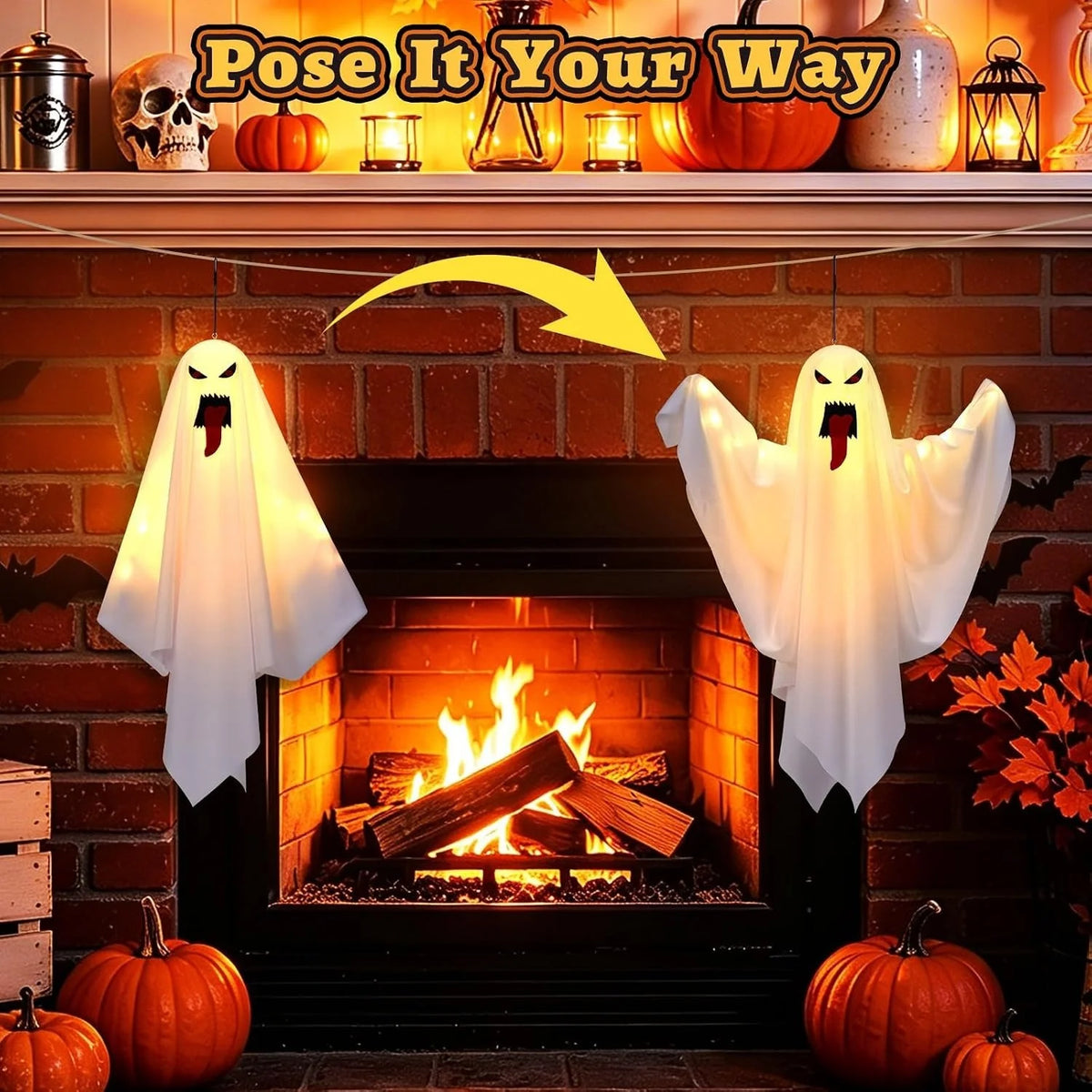 Warm glow hanging ghost Halloween decorations with three light modes displayed above a brick fireplace.