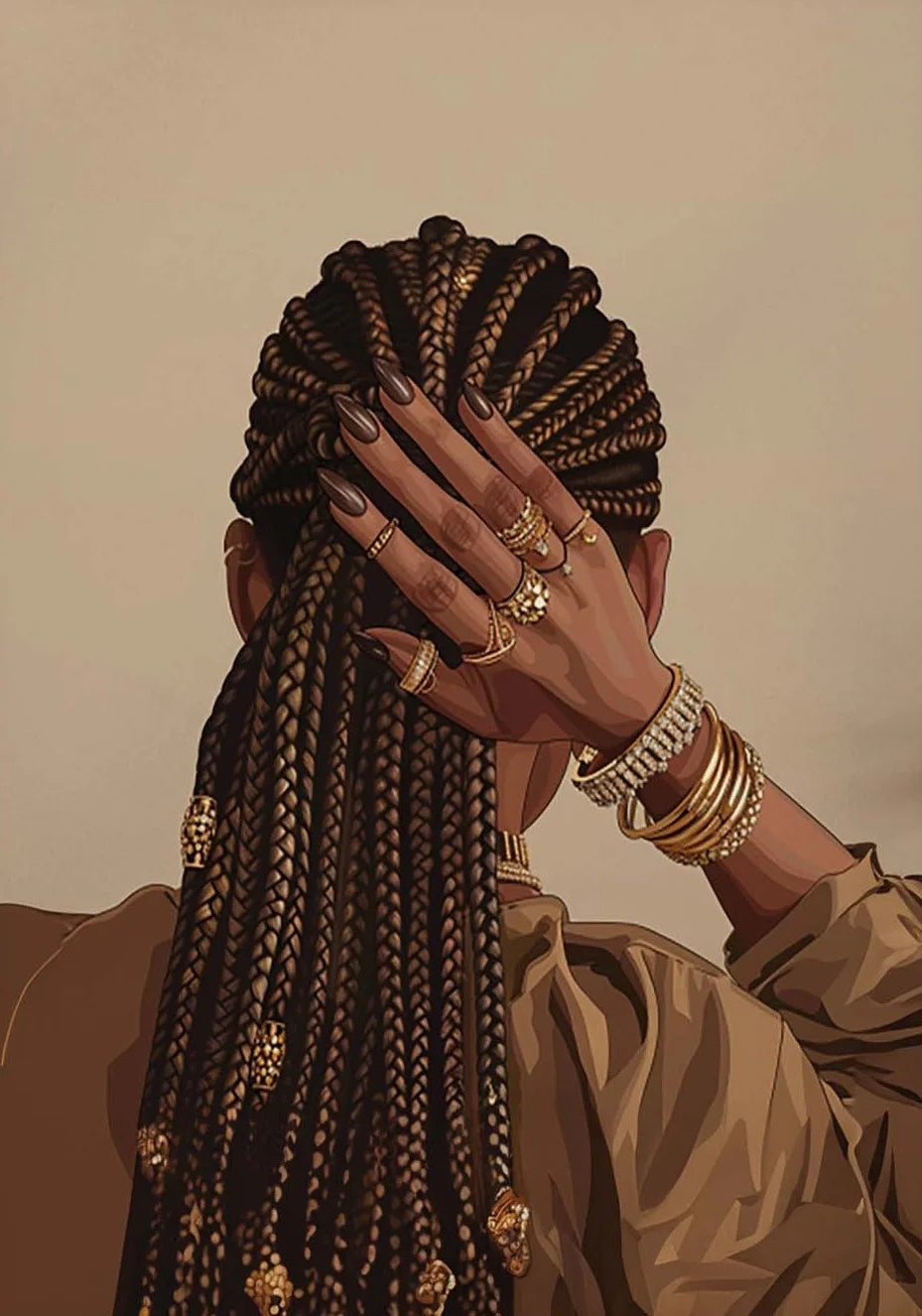 A portrait of a woman with braided hair and gold jewelry, shown from the back, against a neutral background.