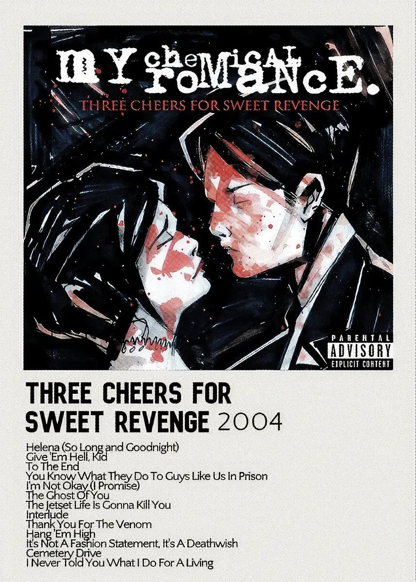 My Chemical Romance poster featuring a close-up of two figures with the title Three Cheers for Sweet Revenge 2004