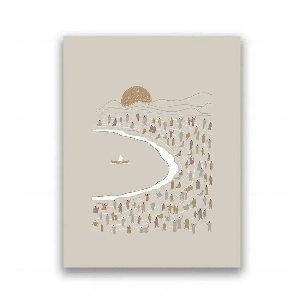 Ilustración minimalista de una multitud cerca de un cuerpo de agua al atardecer.