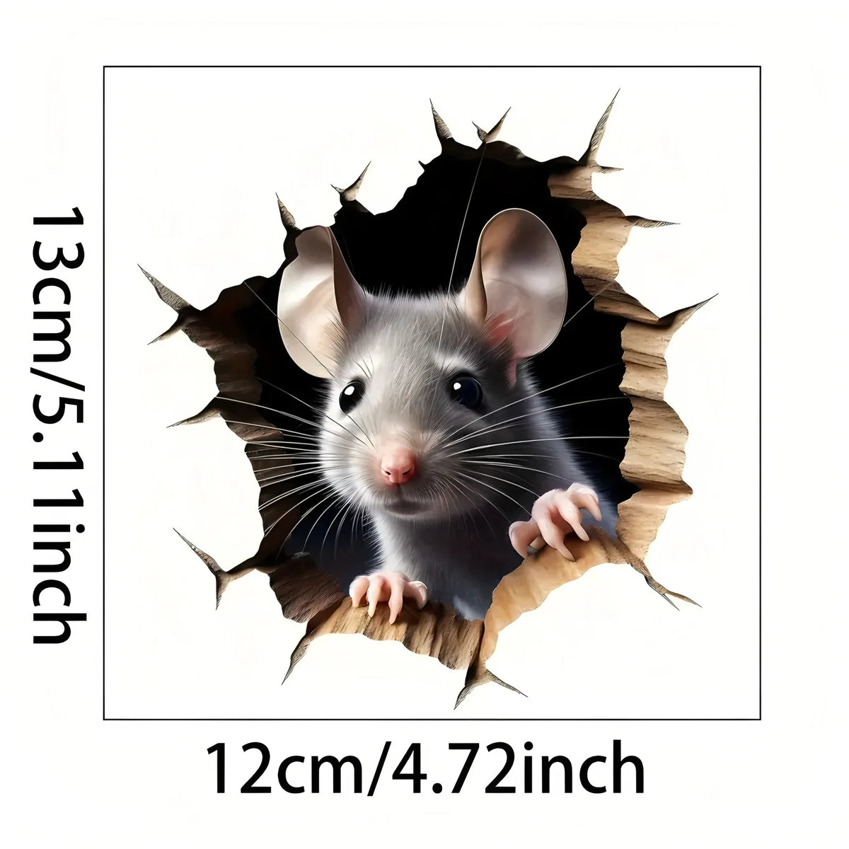 A realistic gray mouse head with large ears and whiskers is shown as a self-adhesive wall decal.