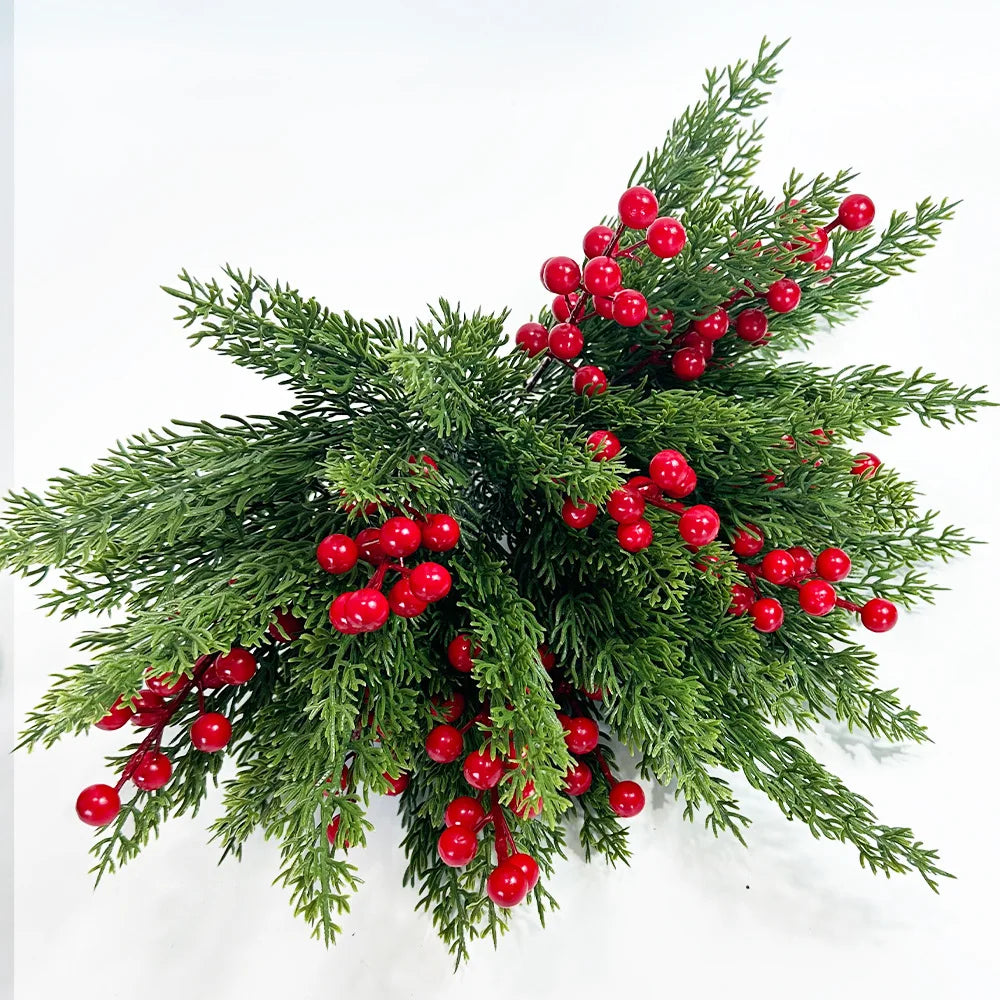 Artificial Christmas berry stems with green pine branches and red berries
