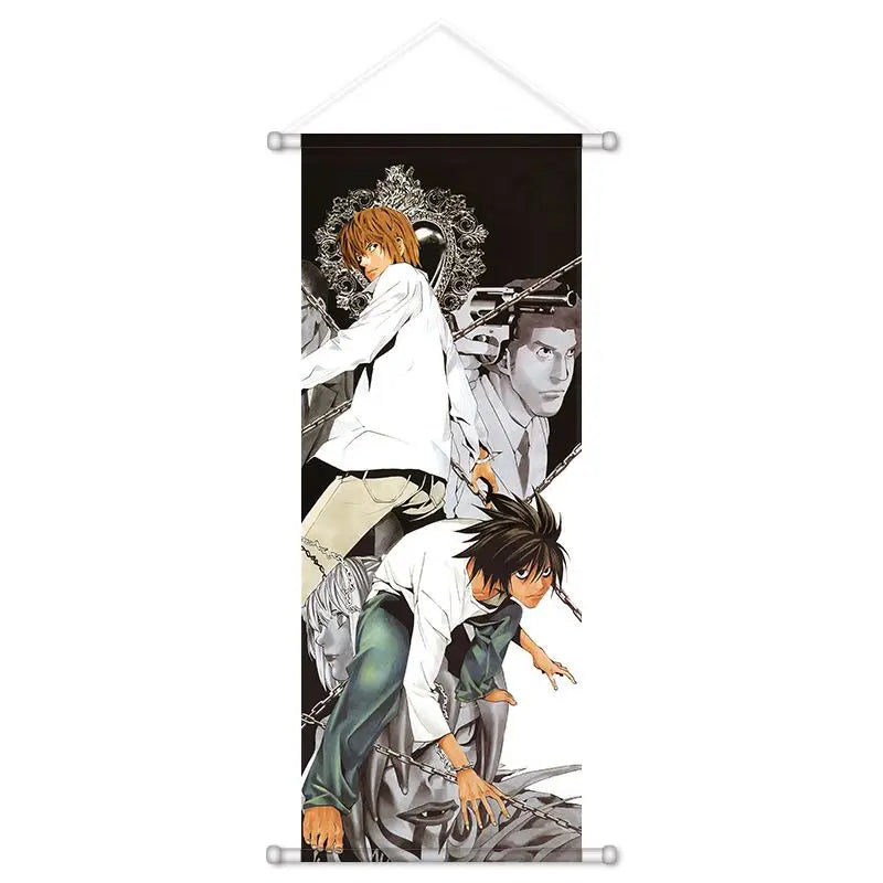 Anime artwork featuring characters from Death Note, including Light Yagami and L, displayed as a hanging scroll.