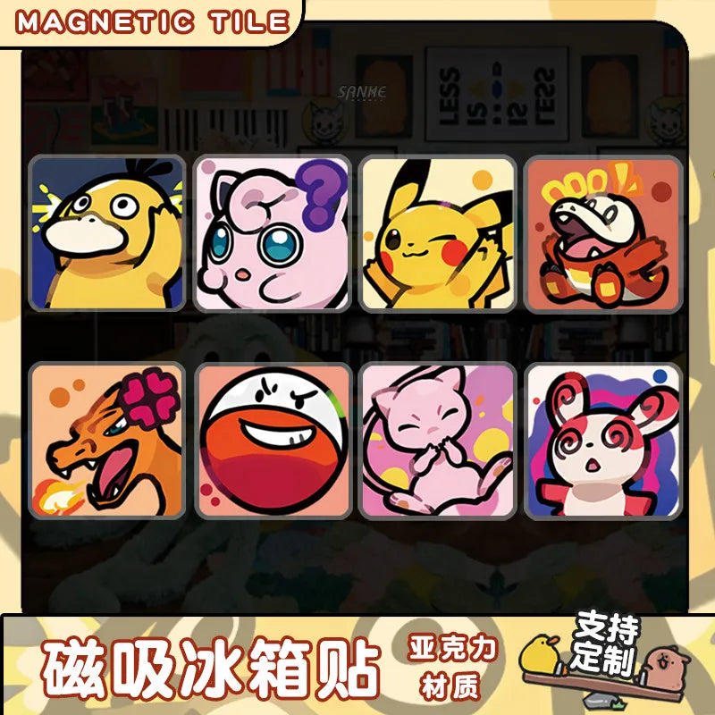 A set of nine colorful Pokémon Q-Style acrylic fridge magnets displayed in a grid format.