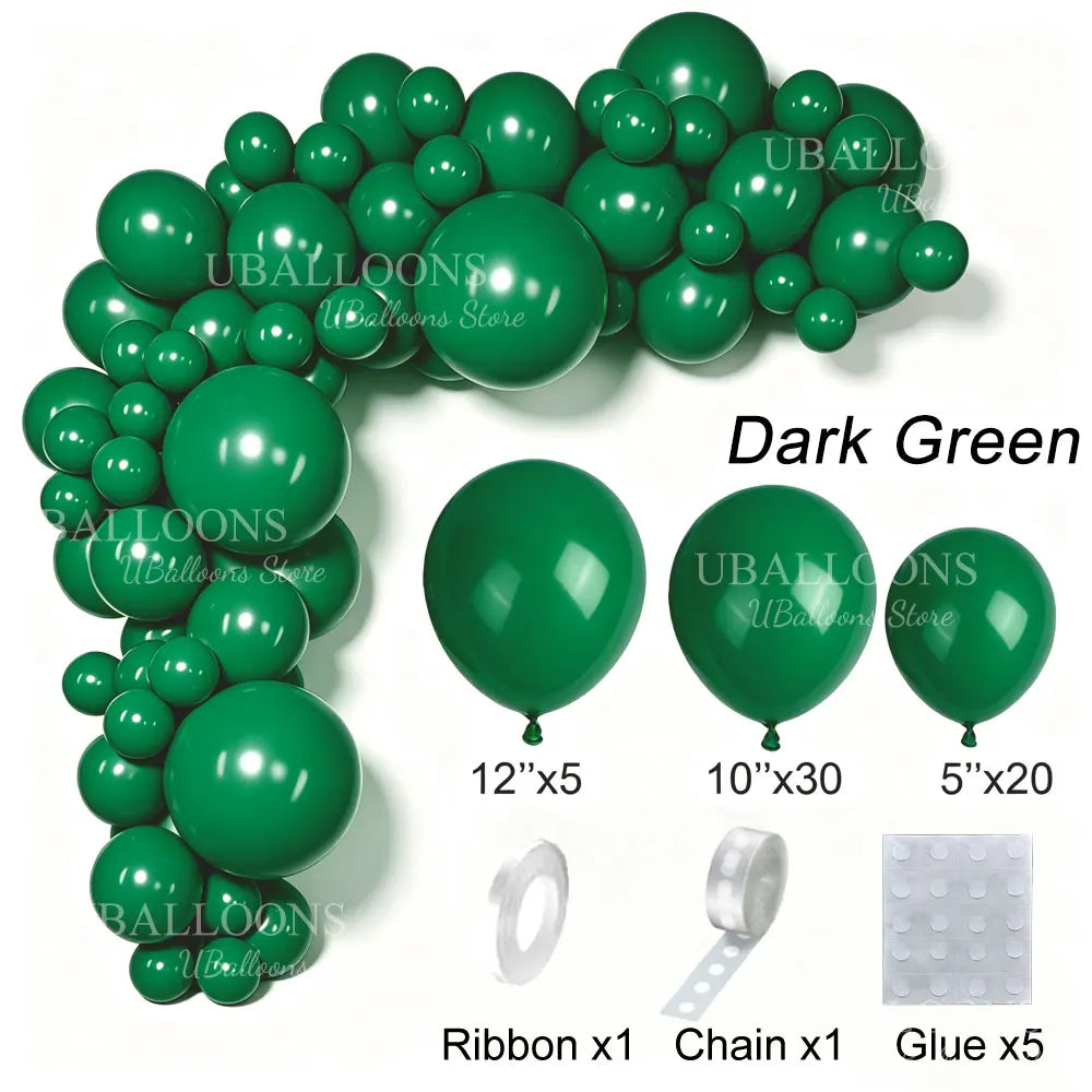 Dark green latex balloon garland kit featuring balloons, ribbon, chain, and glue.