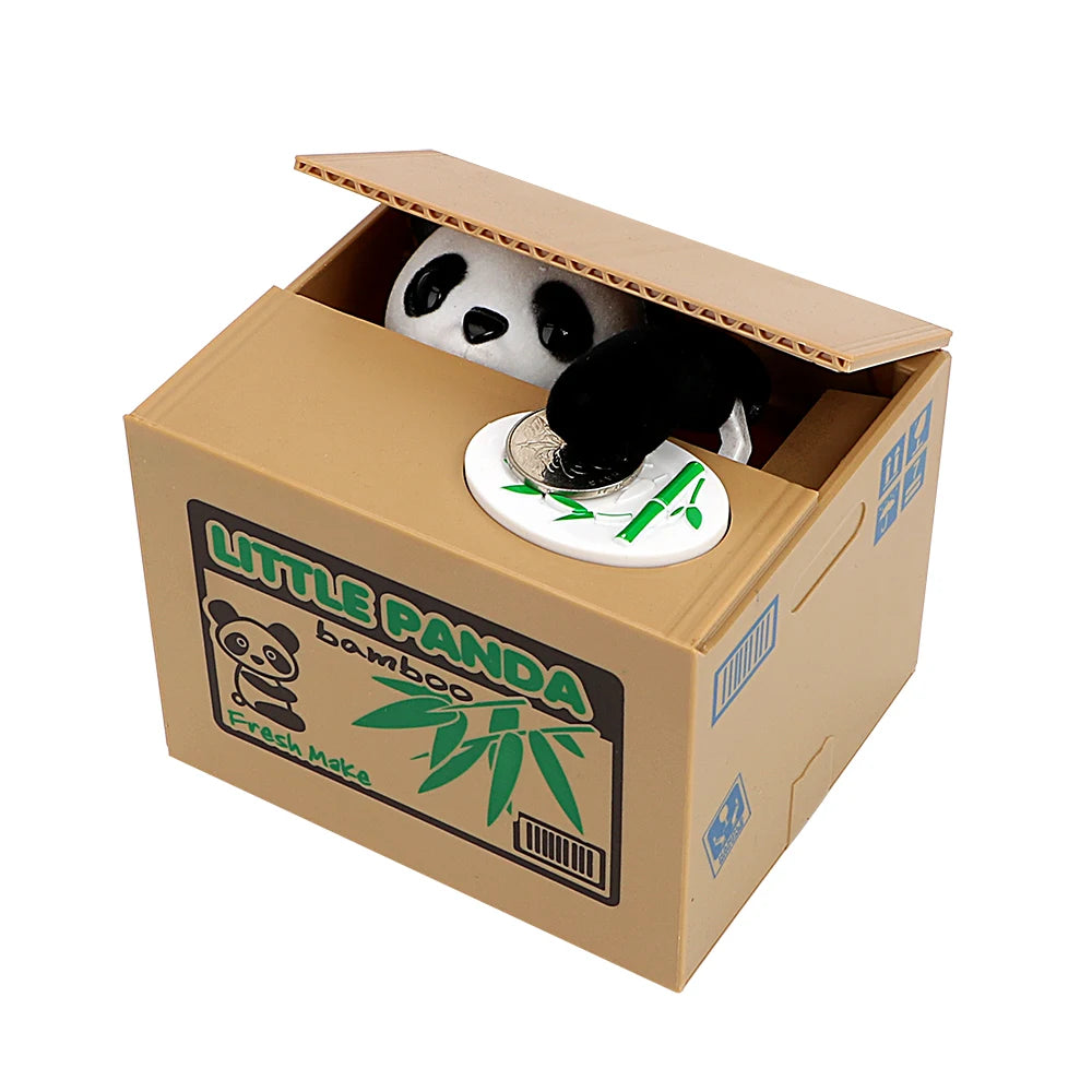A cardboard box for an interactive panda coin-saving money box with a panda figure inside.