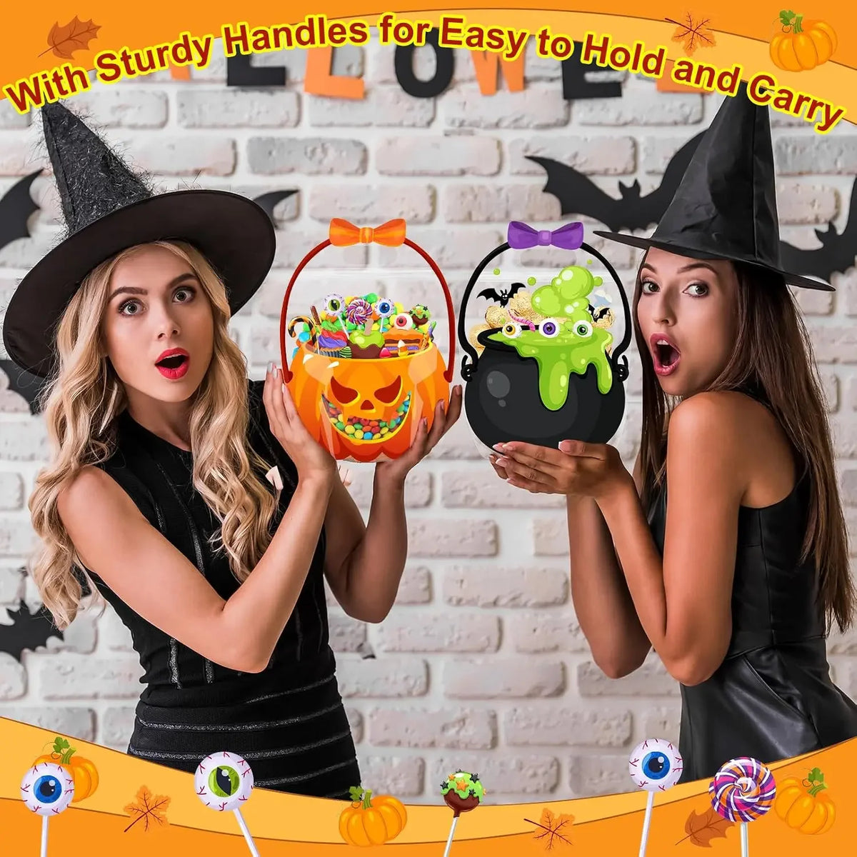 A woman shows off Halloween trick or treat candy bags with sturdy handles against a brick background.