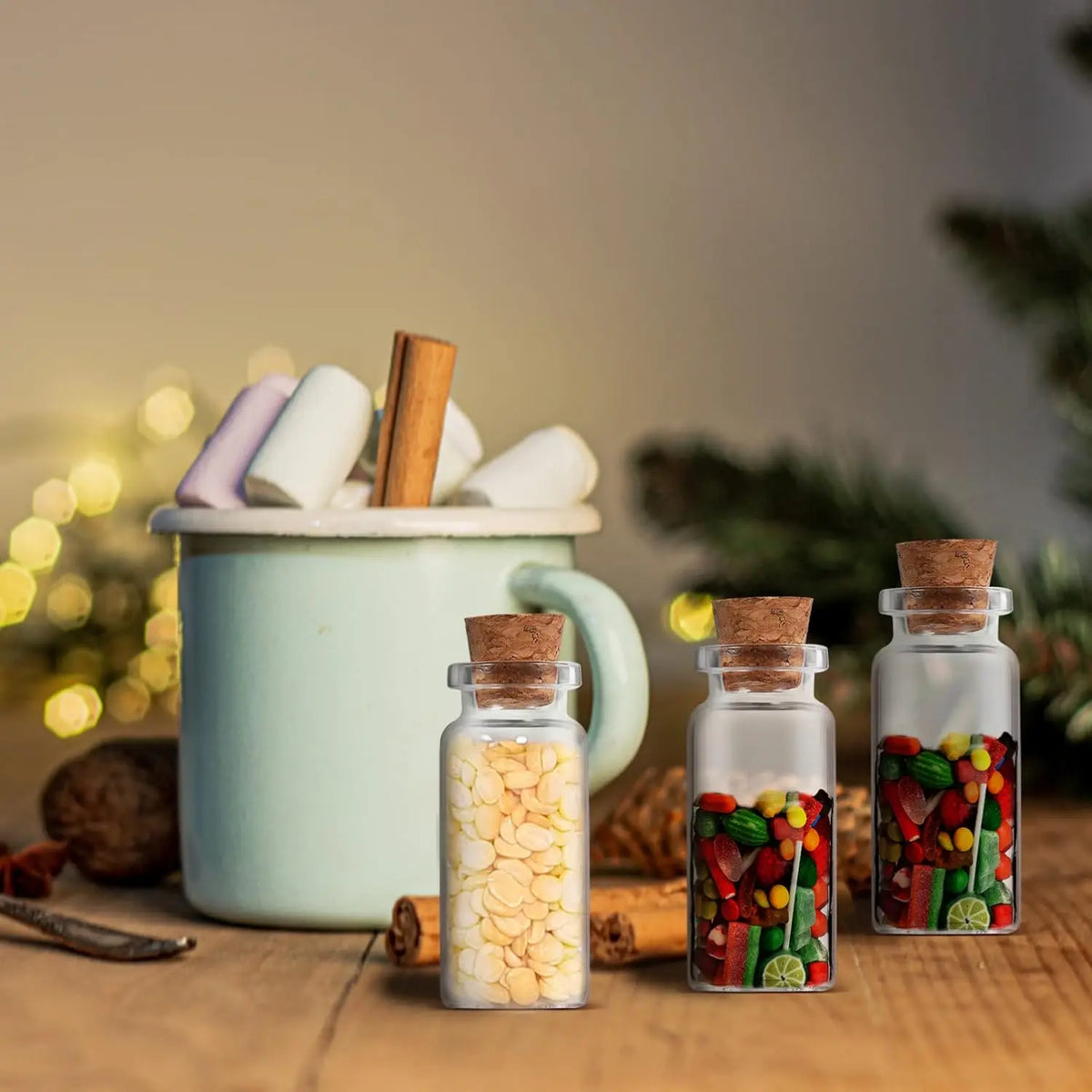 Decorative glass vials filled with various dried herbs and spices, set against a blurred background.