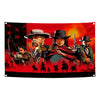 A tapestry featuring a dramatic scene of cowboys and Native American figures against an American flag background.