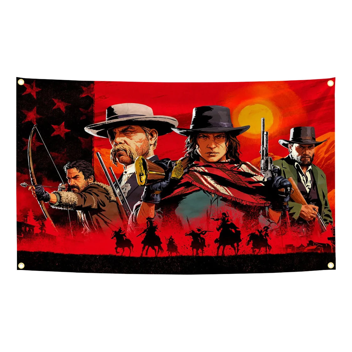 A tapestry featuring a dramatic scene of cowboys and Native American figures against an American flag background.