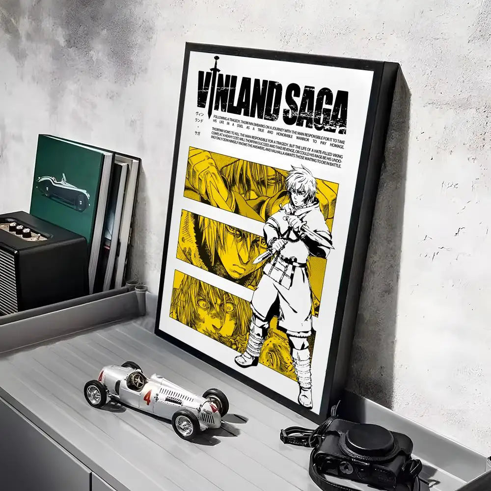 A framed poster of Vinland Saga featuring a yellow-toned illustration of a character in a battle scene.