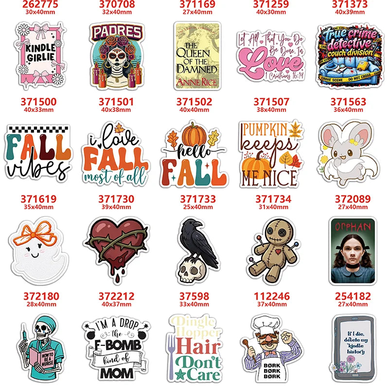 A collection of cartoon word resin flatback charms for craft projects featuring various phrases and designs.