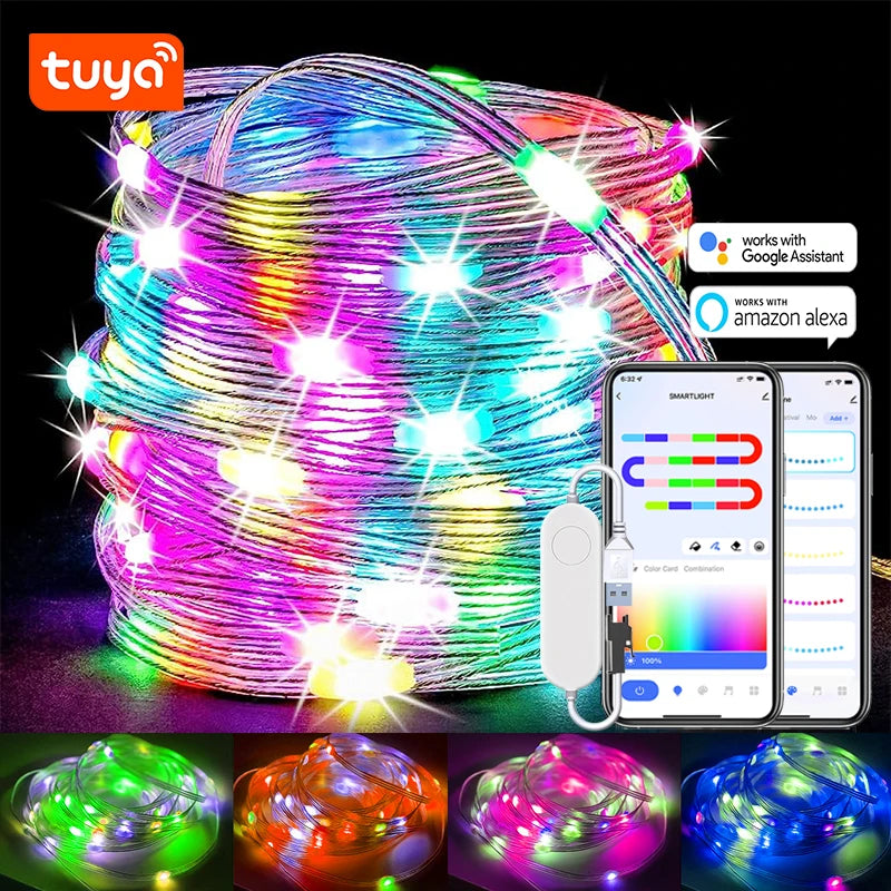 A bundle of RGBIC color changing LED fairy string lights with a smartphone displaying a control app.
