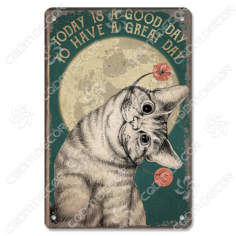 Illustration vintage d'un chat regardant vers le haut avec une fleur à l'oreille, sur fond texturé.