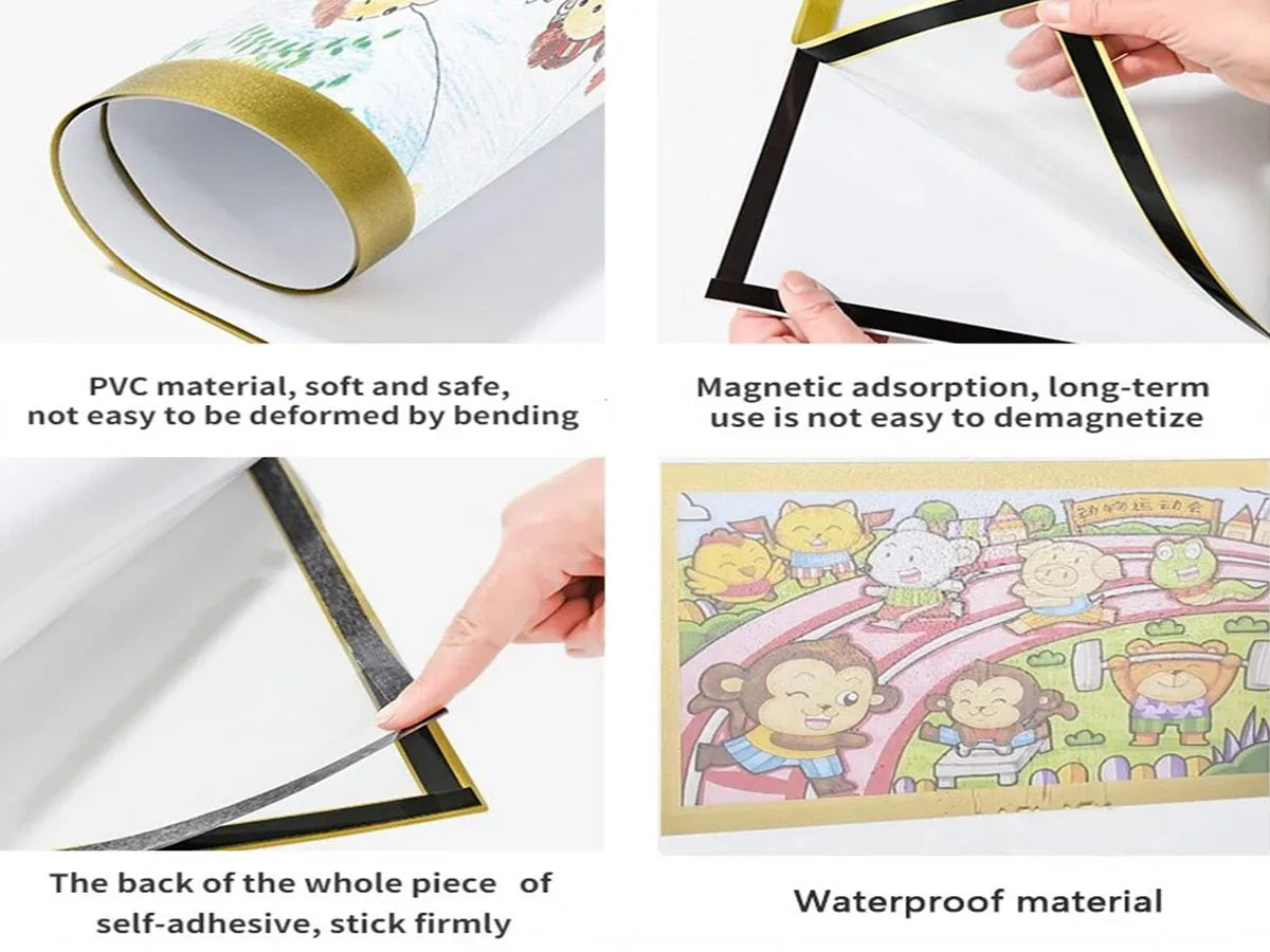 Various magnetic picture frames and a roll of PVC material demonstrating their features.