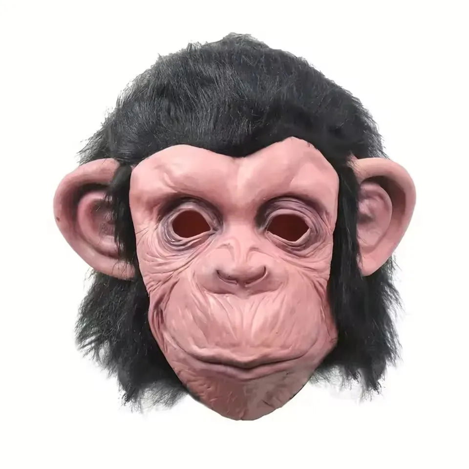 A realistic latex monkey mask costume with dark fur and pinkish skin texture.