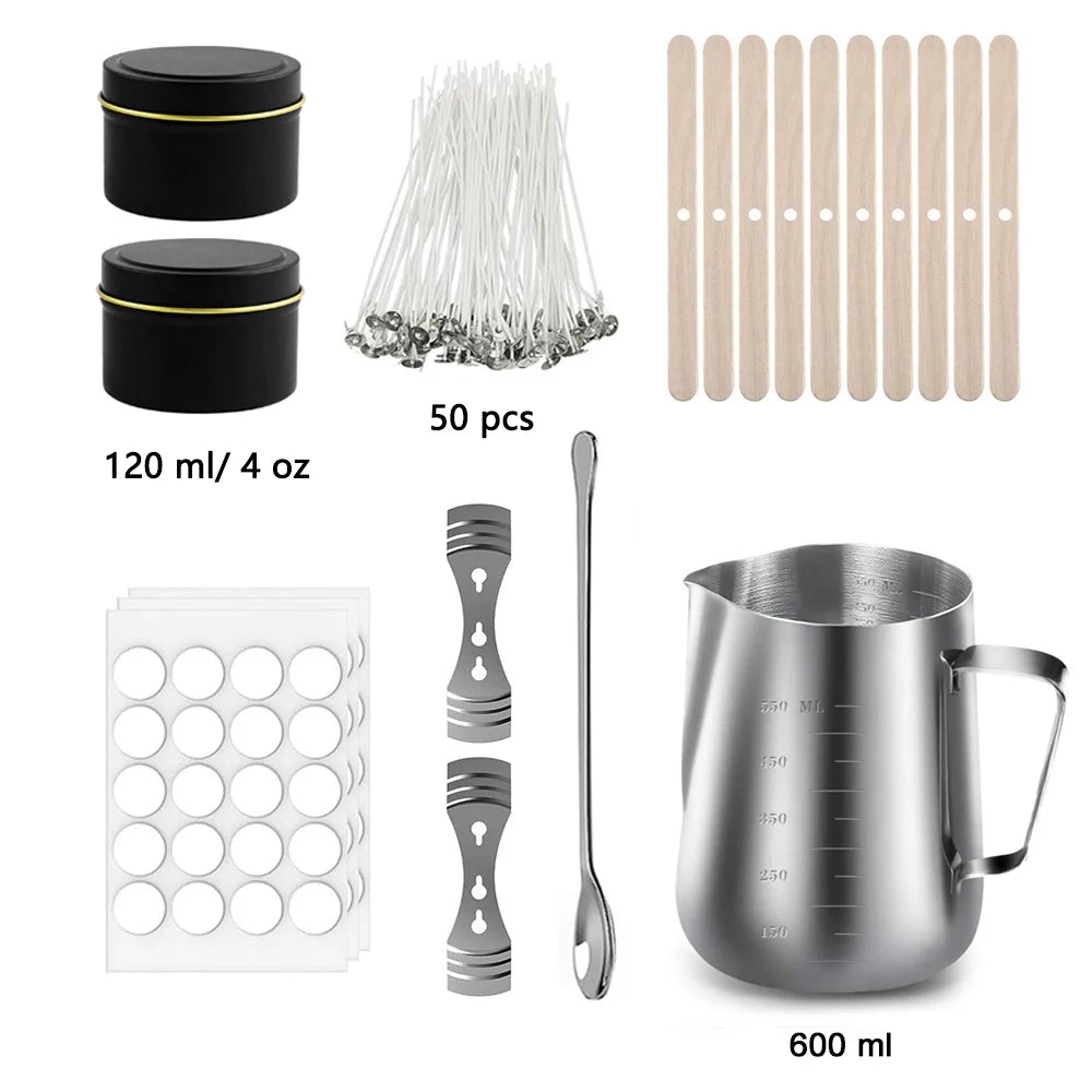 A complete candle making kit featuring a melting pot, pouring pitcher, and various tools for crafting candles.