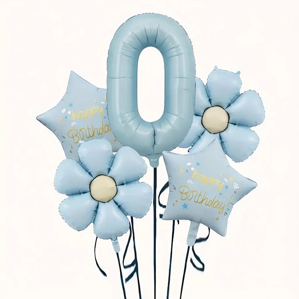 A set of light blue foil balloons shaped like the number zero and flowers for a birthday celebration
