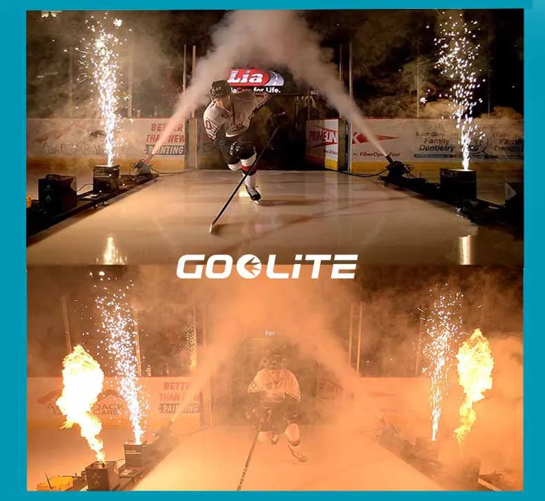 A person is shooting a bright spark from a machine in a dark arena setting.