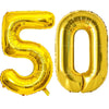 Large gold foil balloon shaped like the number 50 for celebrations