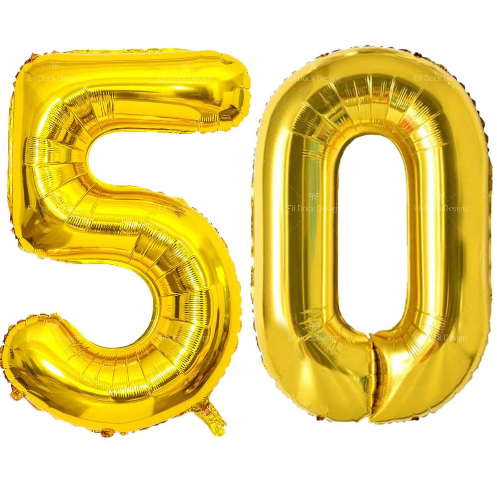 Large gold foil balloon shaped like the number 50 for celebrations