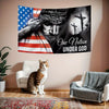 A patriotic Christian banner flag featuring the American flag and a Jesus crucifixion image with the text One Nation Under Go