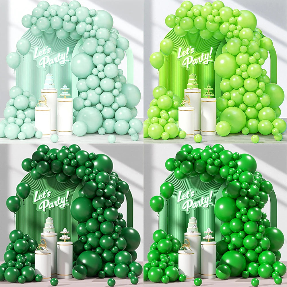 A display of sage green latex balloons arranged in a lush archway for parties and events.