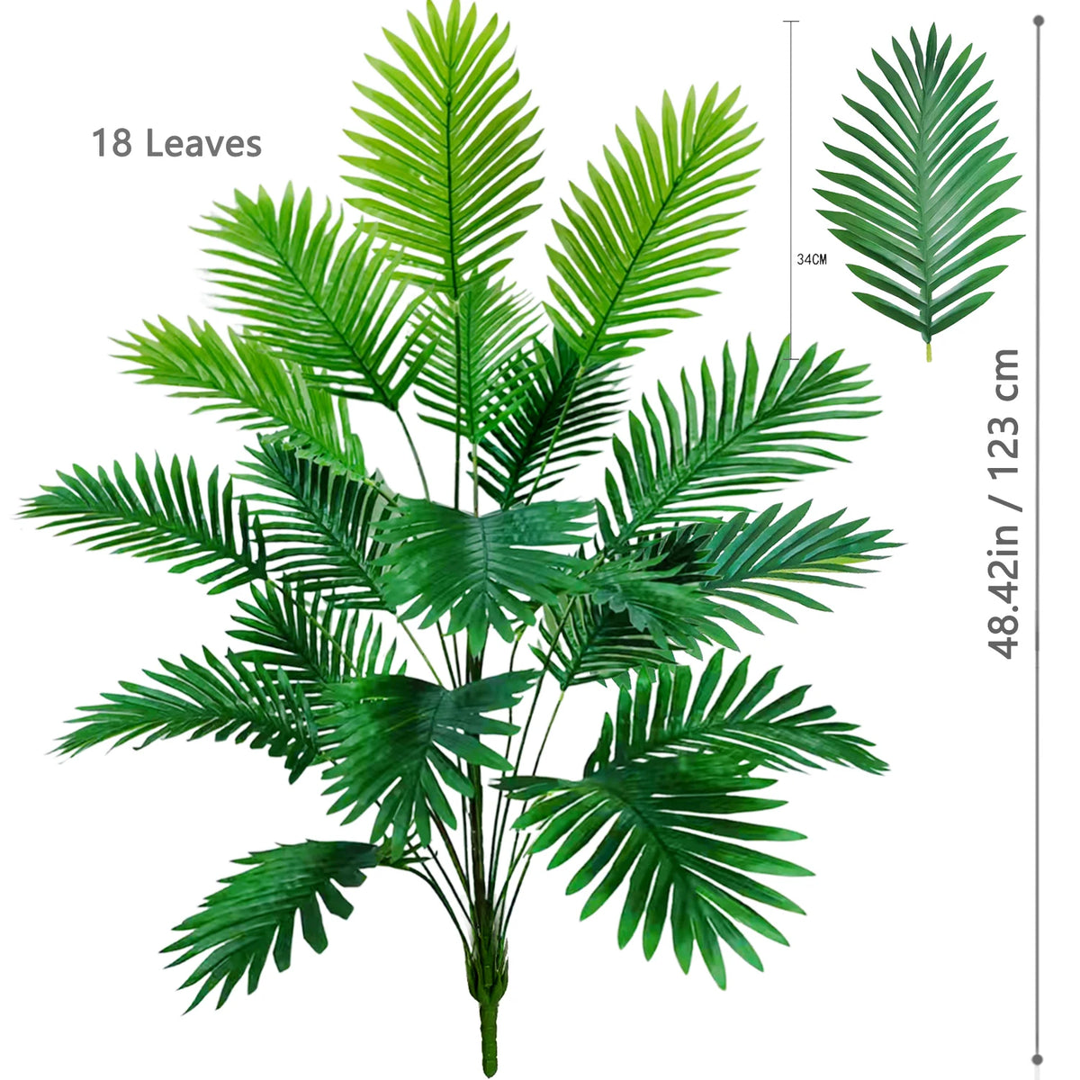A vibrant green artificial palm tree featuring 18 silk leaves, displayed against a white background.