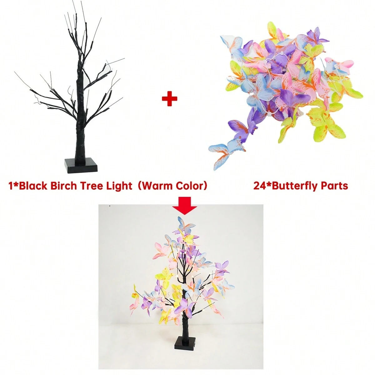 A black birch tree light features 24 butterfly parts with a warm glow, displayed on a stand.