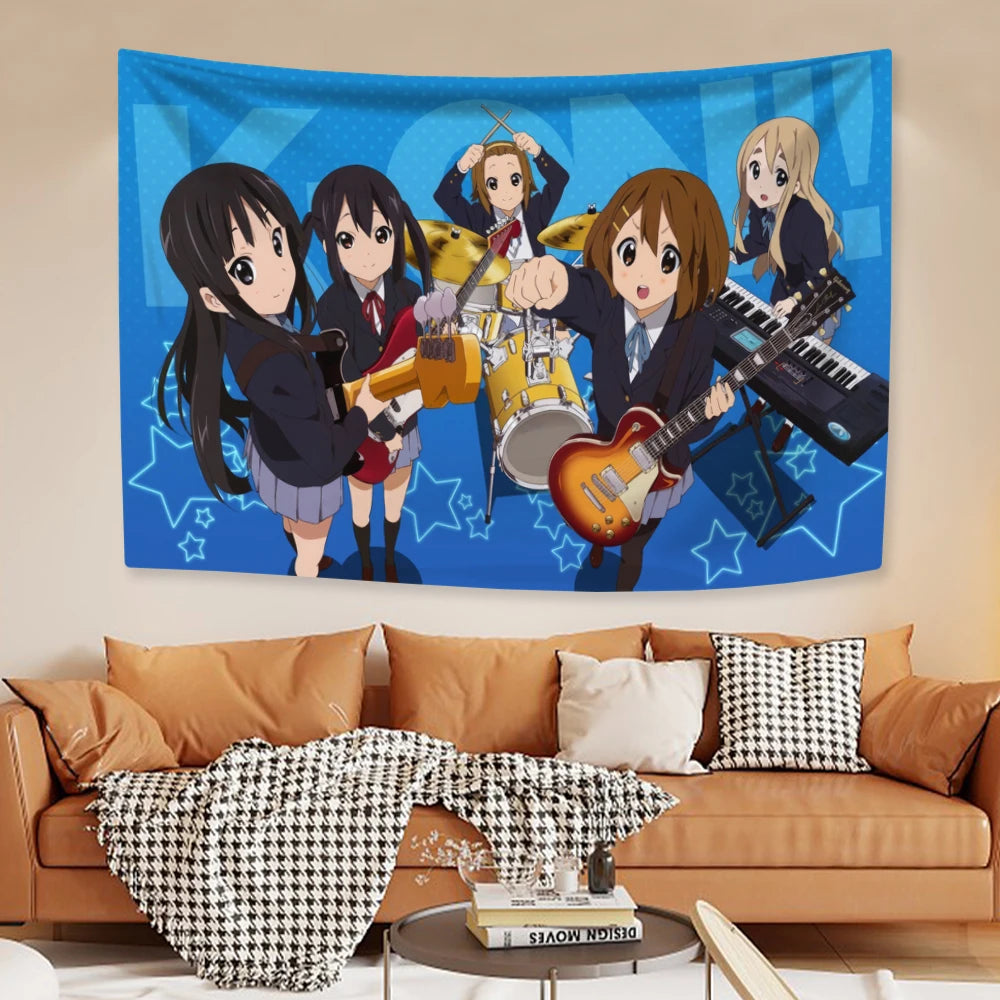 A tapestry featuring characters from K-ON! anime in a blue background for bedroom decor.
