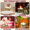 Various party favors including wedding, birthday, and holiday decorations in wooden candle holders.