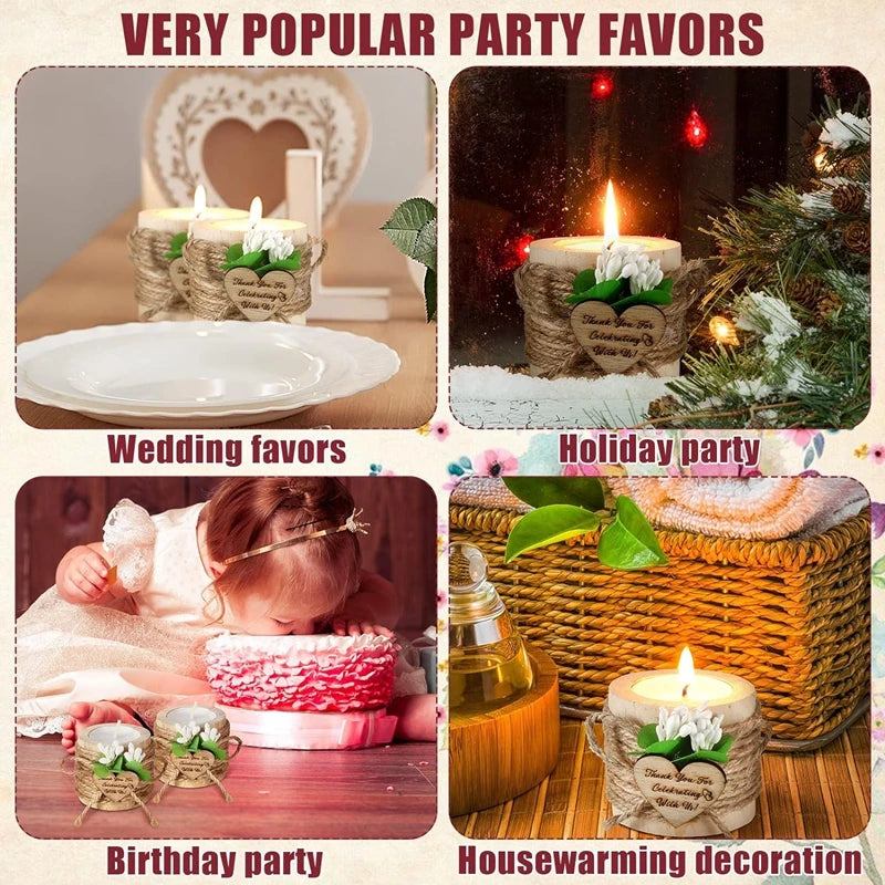 Various party favors including wedding, birthday, and holiday decorations in wooden candle holders.