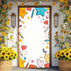 A vertical vinyl backdrop banner featuring colorful stars, hearts, and pencils against a white background.