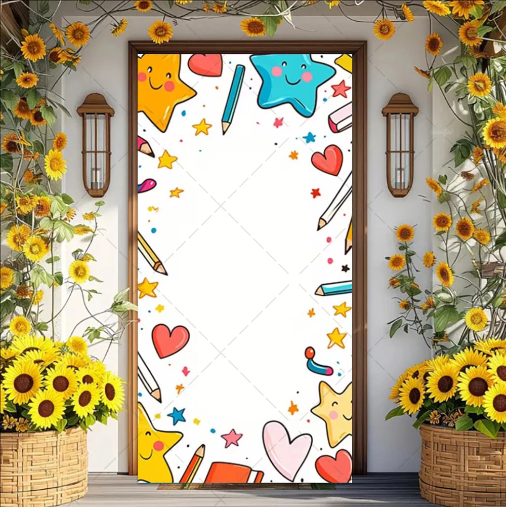 A vertical vinyl backdrop banner featuring colorful stars, hearts, and pencils against a white background.