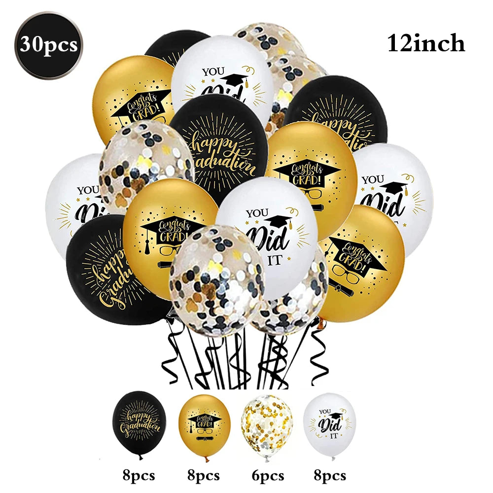 A collection of 30 graduation balloons in black, gold, and white featuring cap and star designs.