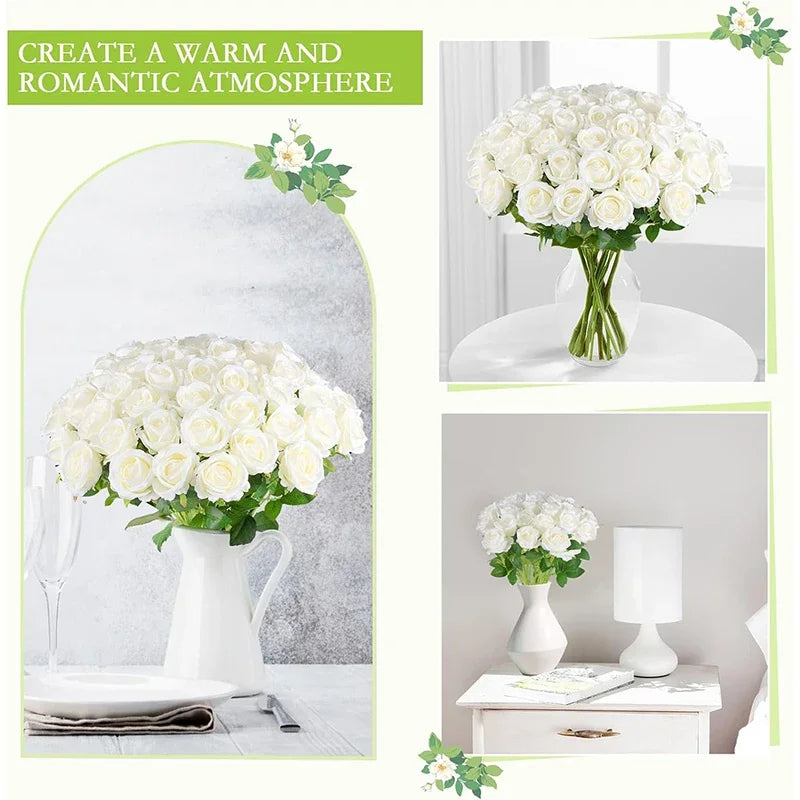 A white rose bouquet in a glass vase on a table, creating a warm and romantic atmosphere.