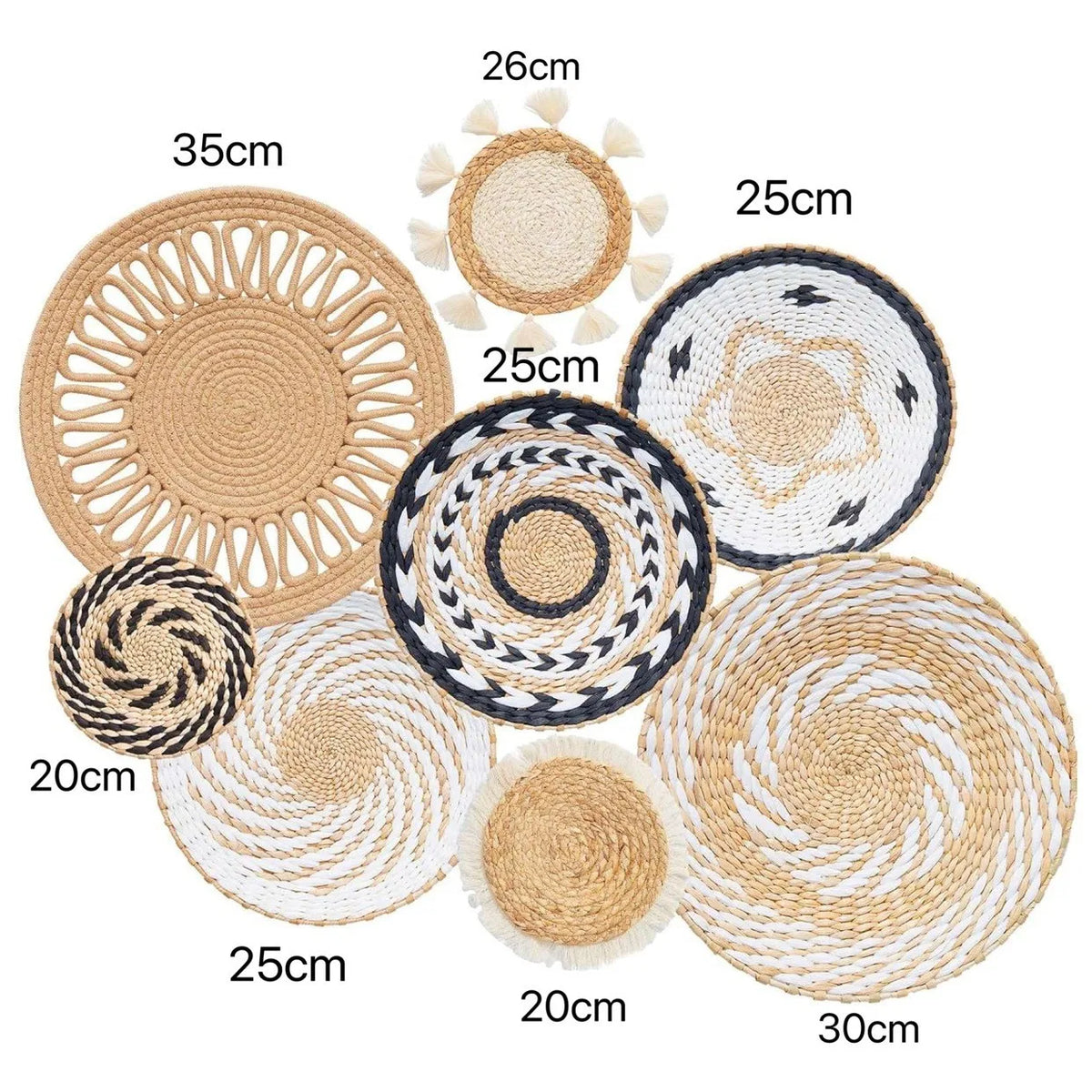 A collection of round woven straw wall hangings in various sizes and textures.