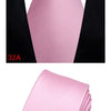 A pink striped silk necktie is shown folded and a loosened tie is displayed against a black shirt.