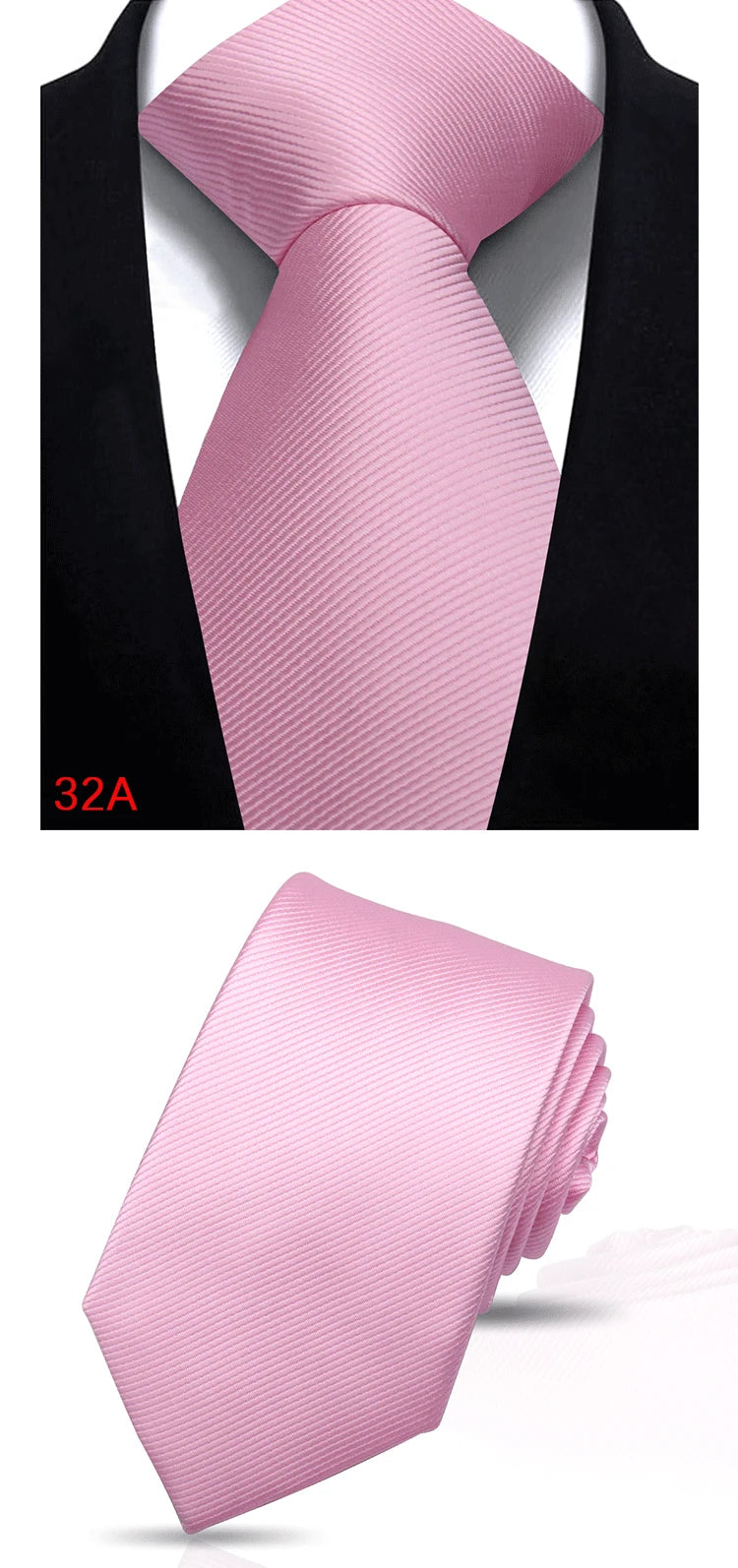 A pink striped silk necktie is shown folded and a loosened tie is displayed against a black shirt.