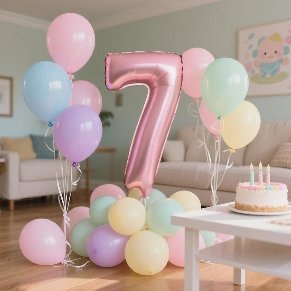 Un ensemble de ballons en feuille roses en forme de chiffre sept et divers ballons de couleur pastel pour une célébration.