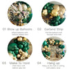 A set of metallic gold and dark green balloons for creating a balloon arch or garland.