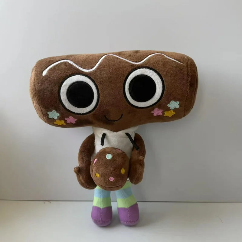 A brown plush toy resembling a face with large eyes and a white body, inspired by Dandy World.