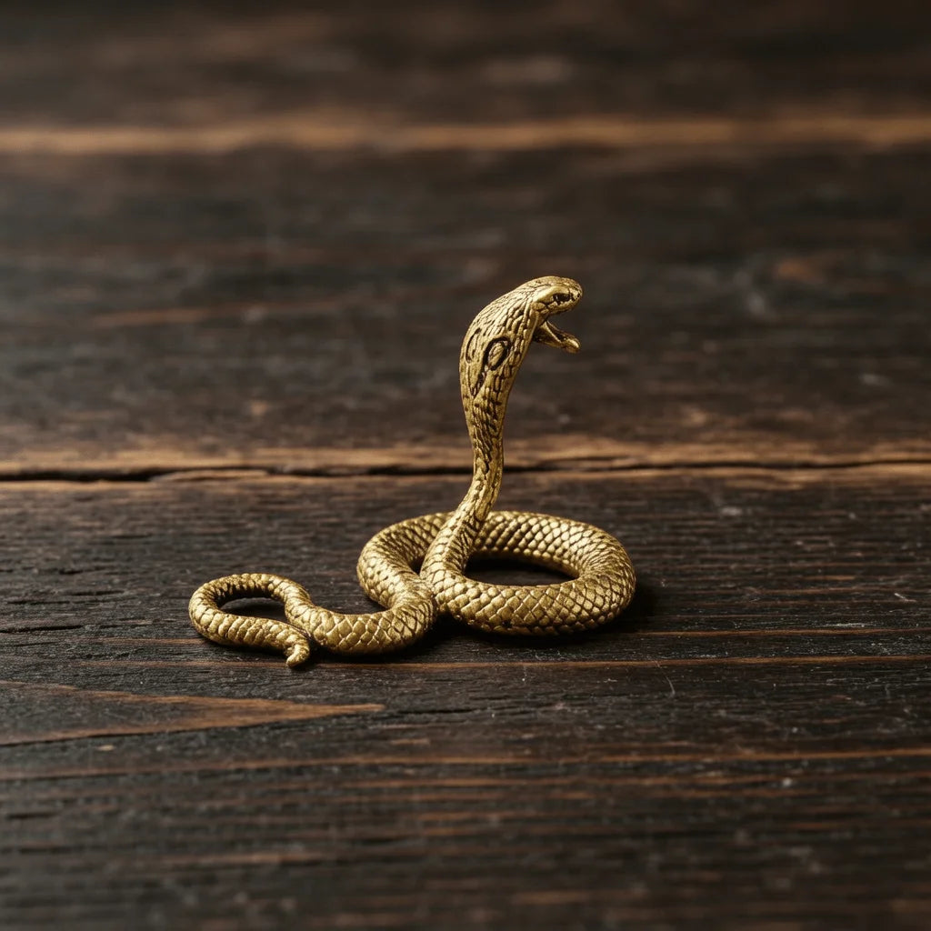 A golden brass snake sculpture coiled on a dark wooden surface.